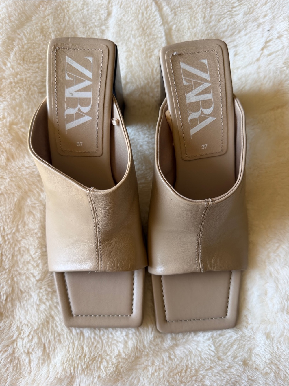 Zara Beige Leather Open-Toe Block Heel - Picture 3 of 5